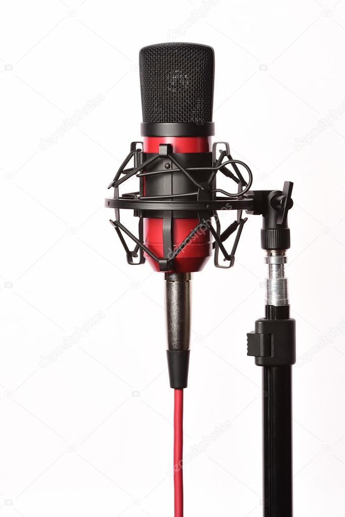 Studio microphone with shock mount on white background