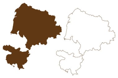 Karlsruhe ilçesi (Almanya Federal Cumhuriyeti, kırsal bölge, Baden-Wurttemberg Eyaleti) harita vektör çizimi, karalama çizimi Karlsruhe haritası