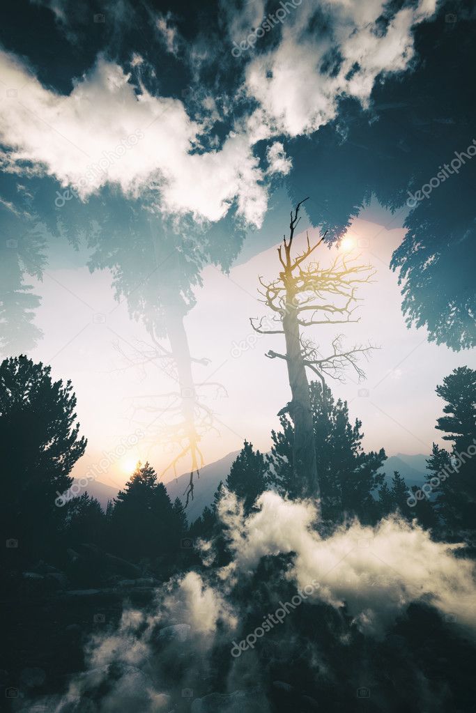 Sunset in the mountains, double exposed