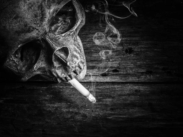 Teschio di natura morta e fumo di sigaretta . — Foto Stock