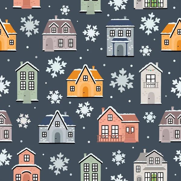 Modèle vectoriel sans couture avec maisons d'hiver et flocons de neige — Image vectorielle