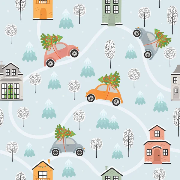 Seamless pattern with houses and cars in winter time. Vector illustration