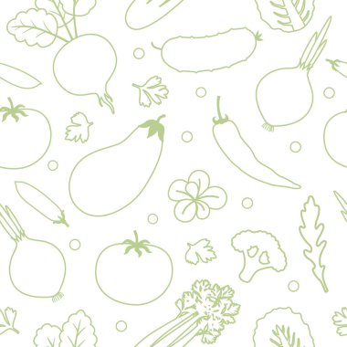 Sebzeler dikişsiz desen. Doğrusal grafik. Sebze arka planı. Sağlıklı beslenme düzeni.