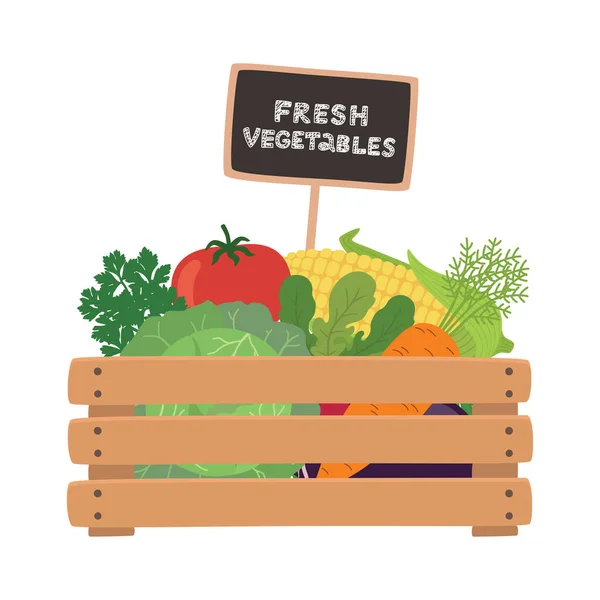 Fresh vegetables a wooden box. Vector illustration. — Stock Vector