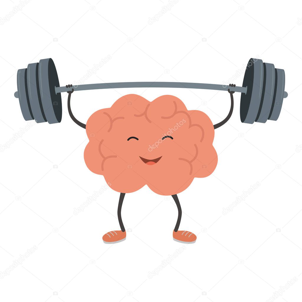 Strong powerful brain holding heavy barbell. Intelligence, mind, imagination, creativity, knowledge and education concept. Train your brain