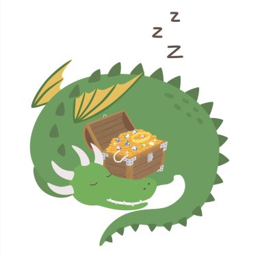 Uyuyan ejderha. Hazine sandığını koruyan sevimli çizgi film ejderhası. Vektör illüstrasyonu