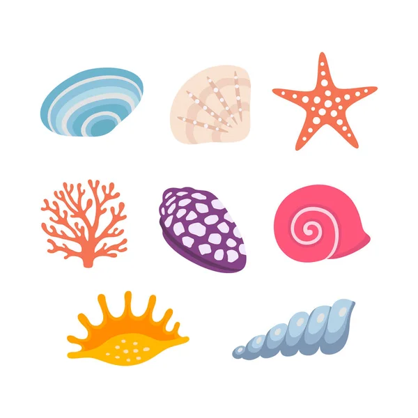 Colorate conchiglie tropicali set di icone subacquee. Illustrazione vettoriale. Vettoriale Stock