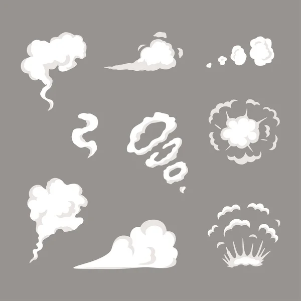 Plantilla de efectos especiales de vectores de humo. Nubes de vapor de dibujos animados, soplo, niebla, niebla, vapor acuoso o explosión de polvo. Vectores de stock libres de derechos
