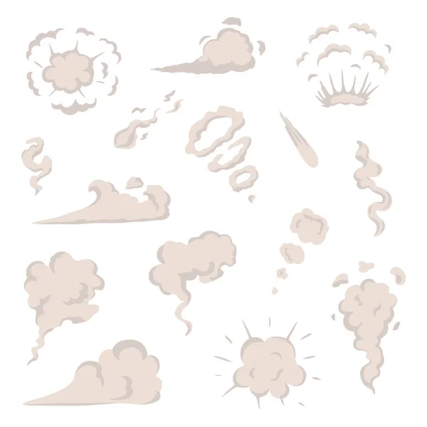 Vektorfüst beállítása speciális effektusok sablon. Rajzfilm gőz felhők, puff, köd, köd, vizes gőz vagy porrobbanás. — Stock Vector