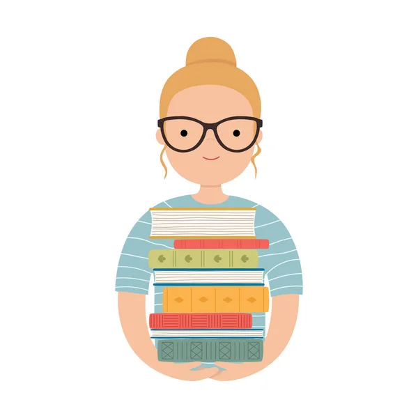 Fiatal diáklány szemüveget visel, halom könyvet tart. Oktatás és tanulás koncepciója — Stock Vector