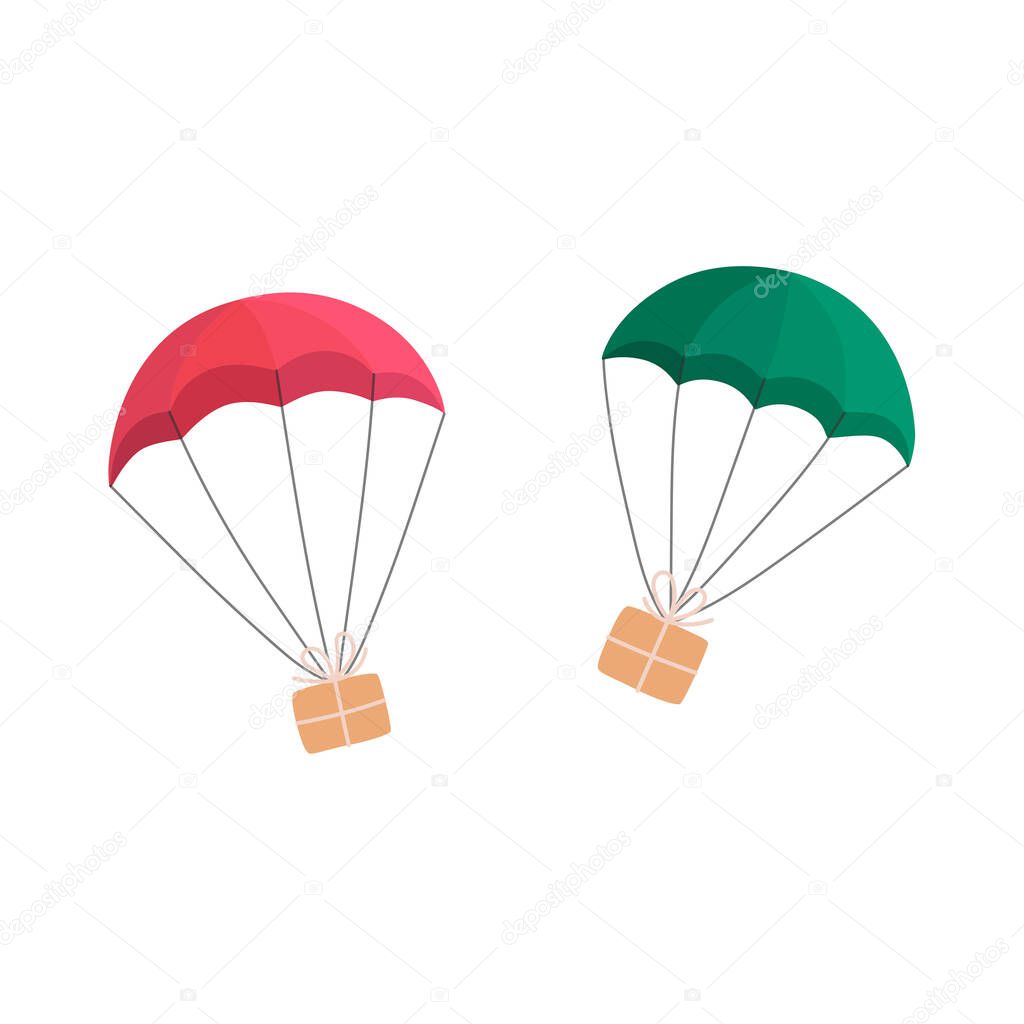 Gift boxes flying with parachutes. Vector illustration