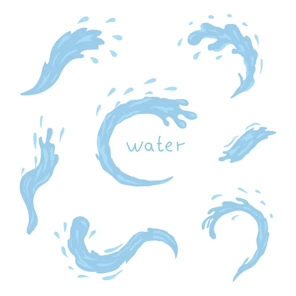 Water en drop pictogrammen. Blauwe golven en waterspatten — Stockvector