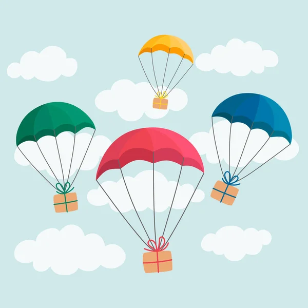 Conceito de entrega. Paraquedas coloridos transportando caixas de presente no fundo do céu azul claro. —  Vetores de Stock