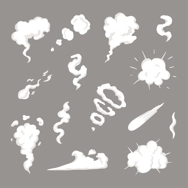 Plantilla de efectos especiales de vectores de humo. Nubes de vapor de dibujos animados, soplo, niebla, niebla, vapor acuoso o explosión de polvo. Gráficos vectoriales