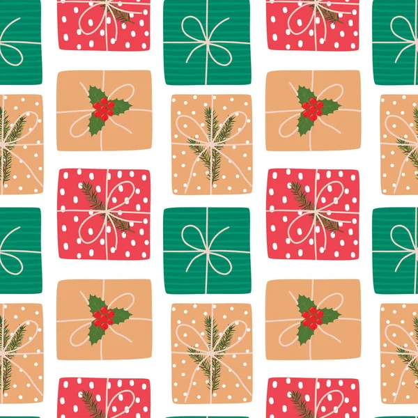 Patrón sin costuras de Navidad con regalos. Ilustración vectorial — Vector de stock