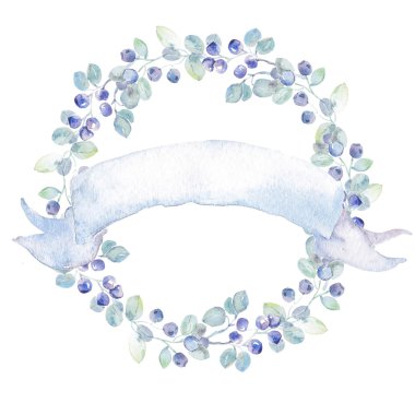 Yaban mersini düğün çelengi. Yüksek kaliteli suluboya. Düğün davetiyesi. Tebrik kartı.