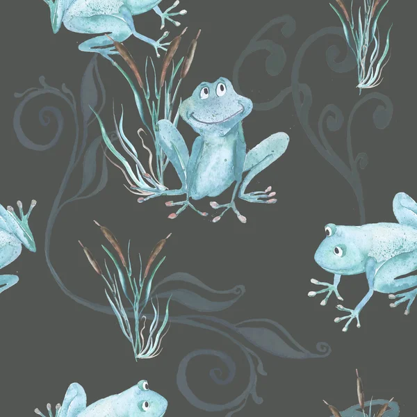 개구리, 지팡이입니다. 수채화 원활한 패턴. — 스톡 사진