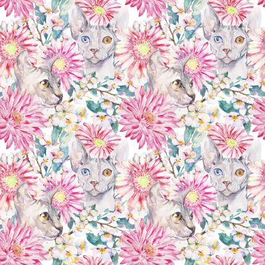 Gerber, Kasımpatı, Mısır kedi, Sphinx.Blooming elma ağacı. Sulu Boya Dikişsiz desen.