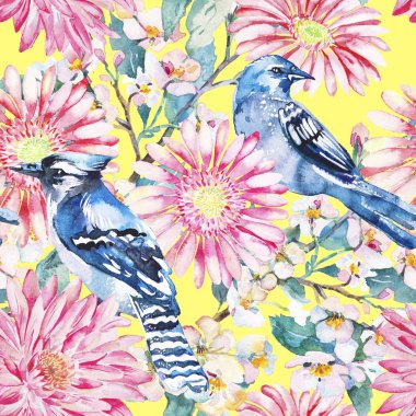 Gerber, krizantem. Sulu Boya Dikişsiz desen.