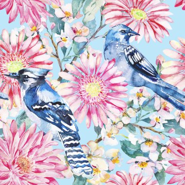 Gerber, krizantem. Sulu Boya Dikişsiz desen.