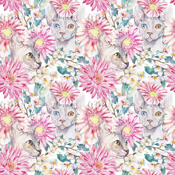 Гербер, хризантема, египетская кошка, сфинкс. Цветущая яблоня. Бесшовный рисунок акварели . — стоковое фото