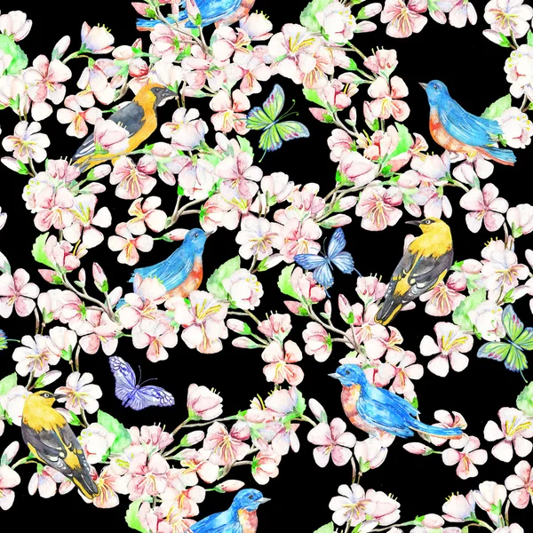 Butterfly, cherry, apple, flowers, bird. Watercolor seamless pattern. — Stock Photo, Image