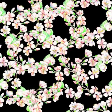 Kiraz, elma, çiçekler. Sulu Boya Dikişsiz desen.