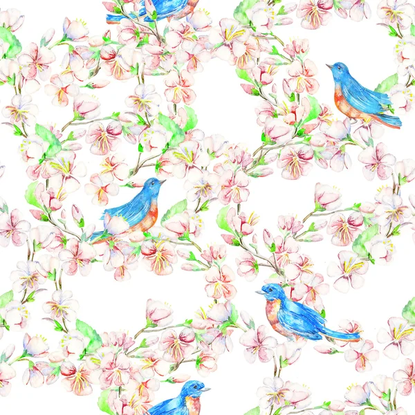 Cherry, apple, flowers, bird. Watercolor seamless pattern. — Stock Photo, Image