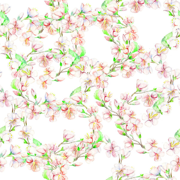 Cherry, apple, flowers. Watercolor seamless pattern.
