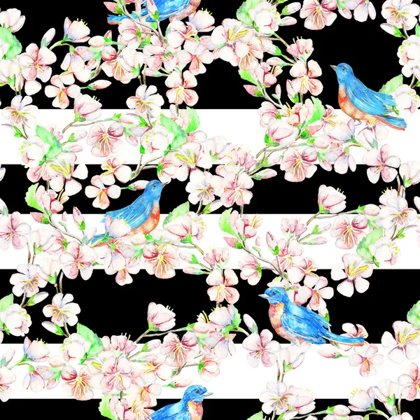 Kers, appel, bloemen, vogels. Aquarel naadloze patroon. — Stockfoto