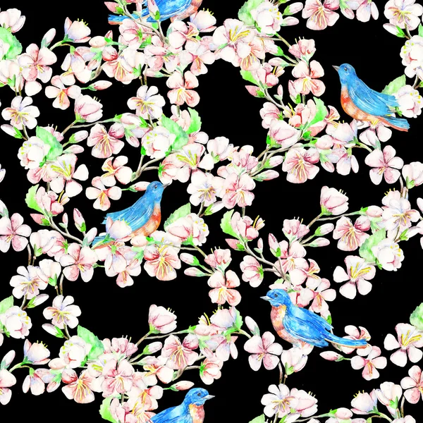 Cherry, apple, flowers, bird. Watercolor seamless pattern. — Stock Photo, Image