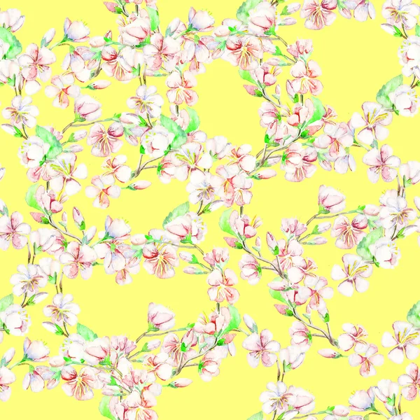 Cherry, apple, flowers. Watercolor seamless pattern. — Stock Photo, Image