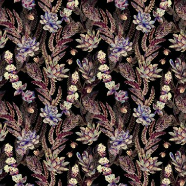 Çiçek seamless modeli. Succulents, eğrelti otları, dikenler.