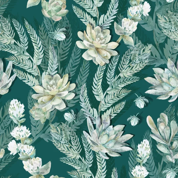 Florales nahtloses Muster. Sukkulenten, Farne, Dornen. — Stockfoto
