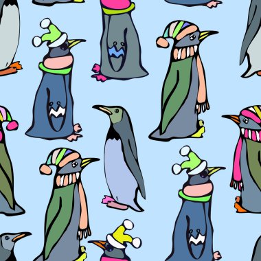 Eşarp ve şapkalar seamless modeli Noel penguenler. Vektör penguinsl zemin. Parlak desen..