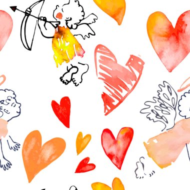 Suluboya kalp. Valentinine gün. . Kalpleri ve cupids desenle.