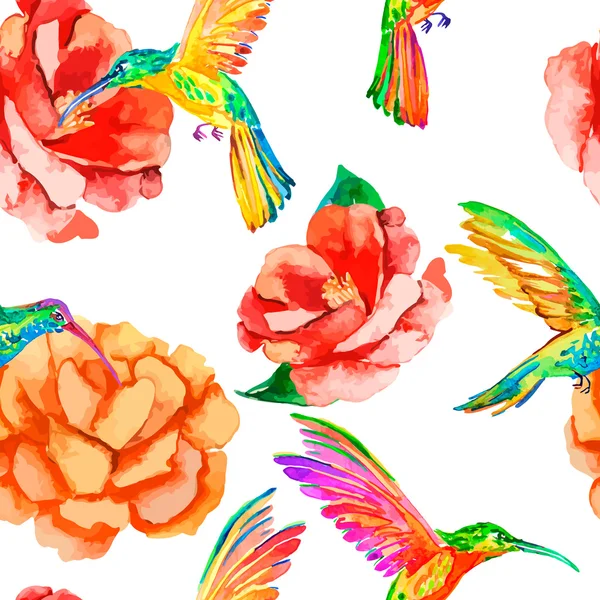 Tropische vogels en bloemen. Naadloze patroon aquarel. . Camellia, kolibries. Rosa. — Stockfoto