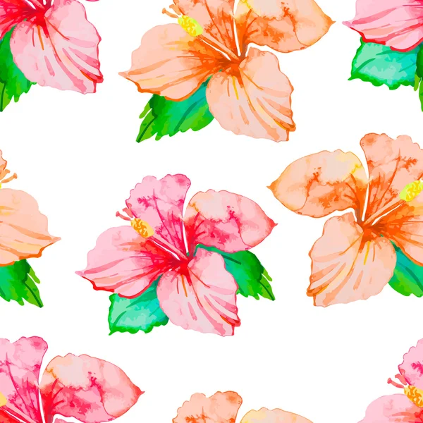 Hibiscus. Tropical plants seamless pattern. Exotic flower.  Watercolor. — Stock Vector