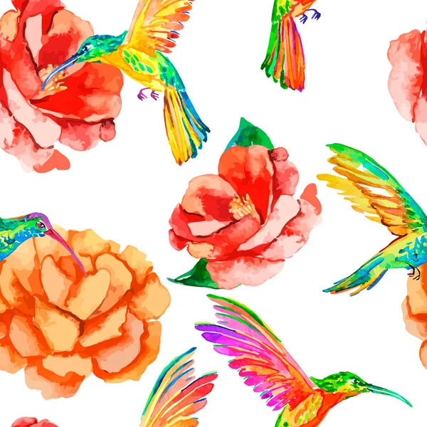 Aves tropicales y flores. Patrón de acuarela sin costuras. Vector. Camelia, colibríes. Rosa. . — Vector de stock