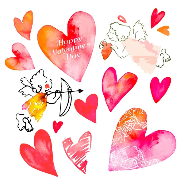 Set of hearts and cupids. Valentine Day. Watercolor heart. — Stock Vector
