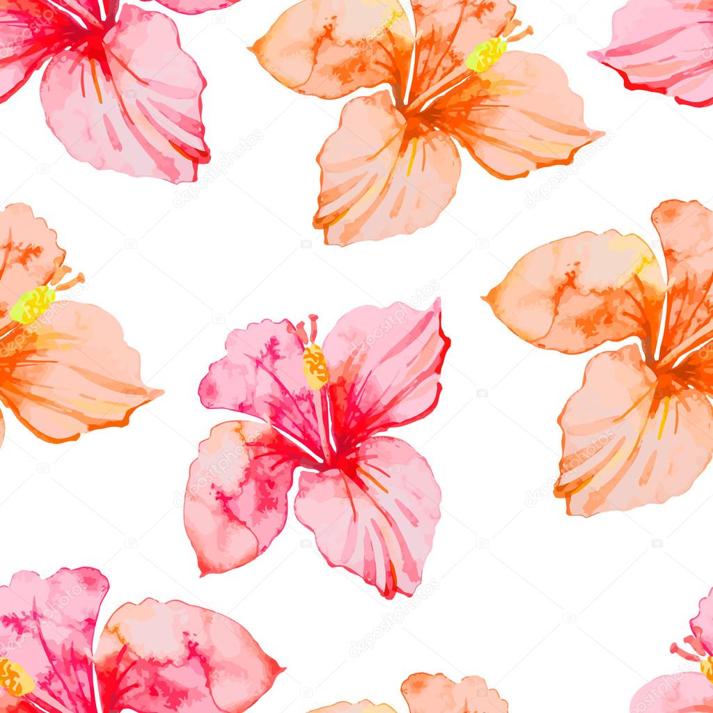 Hibiscus. Tropical plants seamless pattern. Exotic flower.  Watercolor.