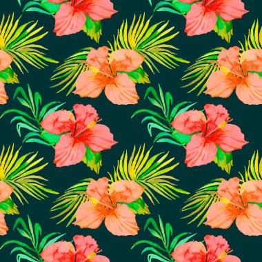 Tropikal desen. Ebegümeci, monstera yaprak, palmiye yaprakları.