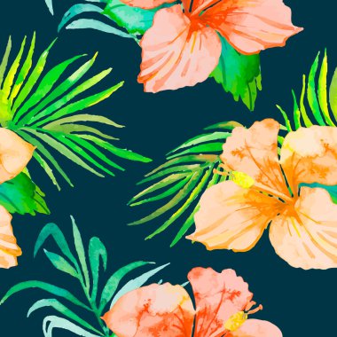 Hibiscus. Tropikal Dikişsiz desen ve palmiye dalları bitkiler... Egzotik çiçek. Vektör. Suluboya. Yeşillik.