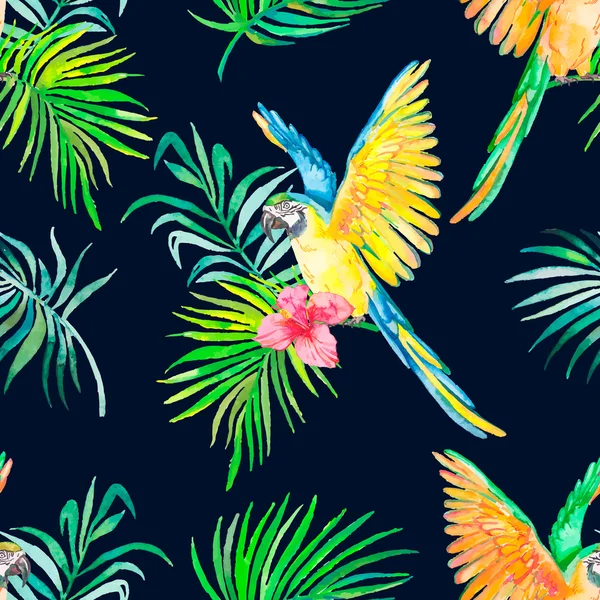 Ara seamless mönster. Svart bakgrund. Palmblad och tropic papegoja. — Stock vektor