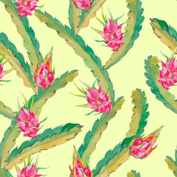 รูปแบบที่ไร้รอยต่อในเขตร้อน ใบไม้และผลไม้ที่แปลกใหม่ เวกเตอร์ ดรากอนฟรุ๊ต พิทายา พิทายา Pitaya เป็นพืชในตระกูล Cactaceae หรือ Cactus . — ภาพเวกเตอร์สต็อก