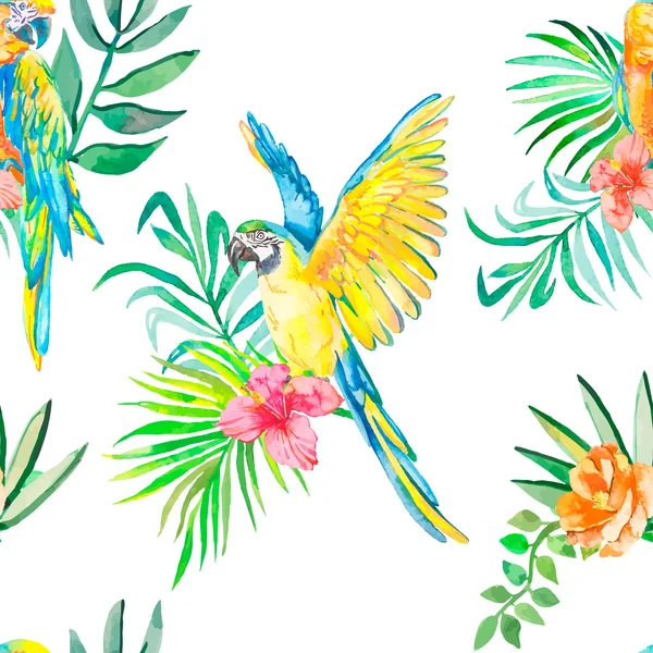 Motif sans couture Macaw. Feuilles de palmier et fleurs tropicales, camélias. Perroquet tropical. Exotique . — Image vectorielle
