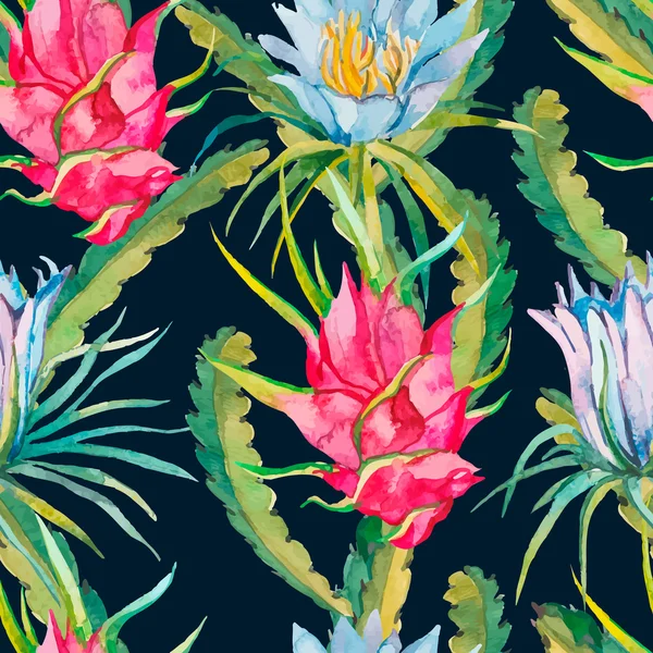 Modèle sans couture tropicale. Feuilles et fleurs exotiques. Vecteur : Dragonfruit, pitaya, pitahaya. Fleurs pitaya . — Image vectorielle