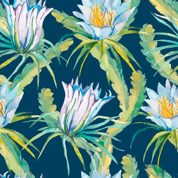 Tropical seamless pattern. Exotic leaves and flowers. Vector.Dragonfruit, pitaya,pitahaya. Flowers pitaya.