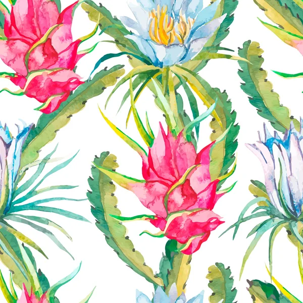 열 대 완벽 한 패턴입니다. 이국적인 잎과 꽃입니다. Vector.Dragonfruit의 pitaya, pitahaya 꽃 pitaya. — 스톡 벡터