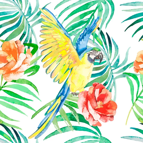 Tropische vogels en planten naadloze patroon. Aquarel-vector. Transparante achtergrond. — Stockvector